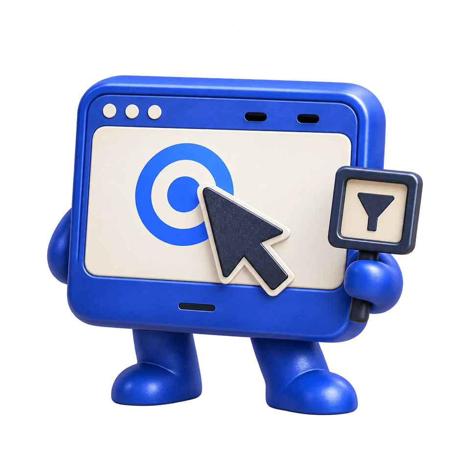 Ads Agent: Cobalt ad-window character with a target, cursor and traffic-filter tool