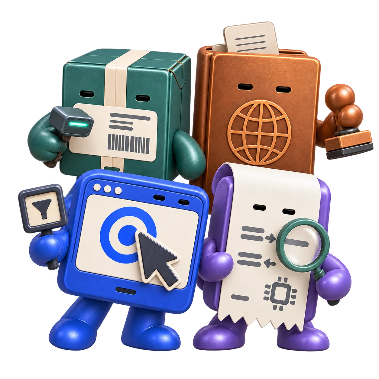 Ads, Shipping, Tariff and Token agent mascots together