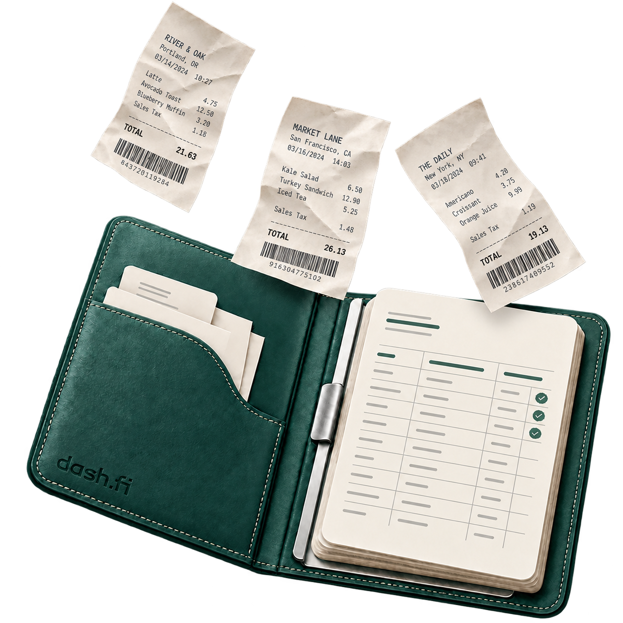 Loose paper receipts flowing into an organized jade ledger, with expenses checked and ready to close.