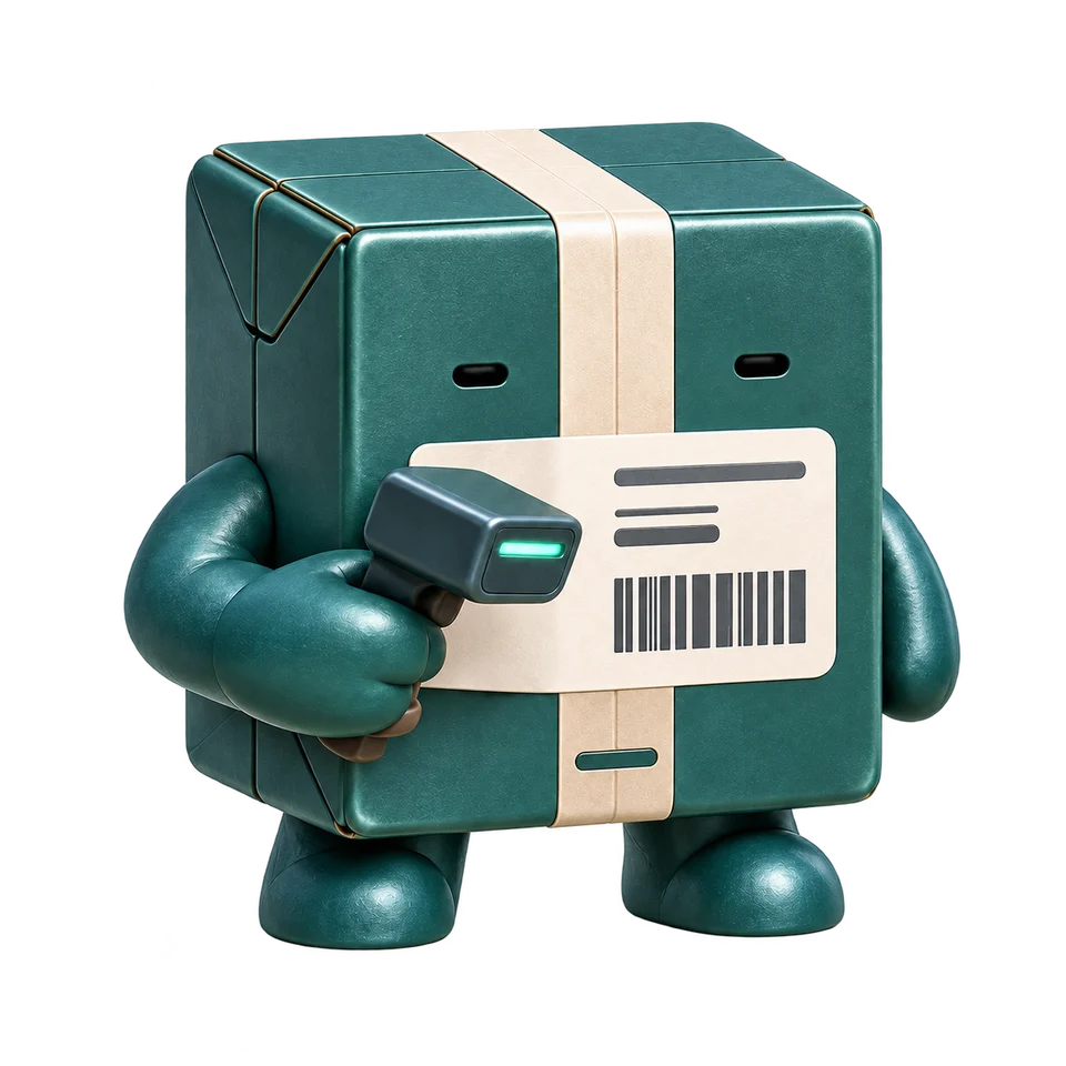 Shipping Agent: Jade parcel character with ivory packing tape, a barcode label and handheld scanner
