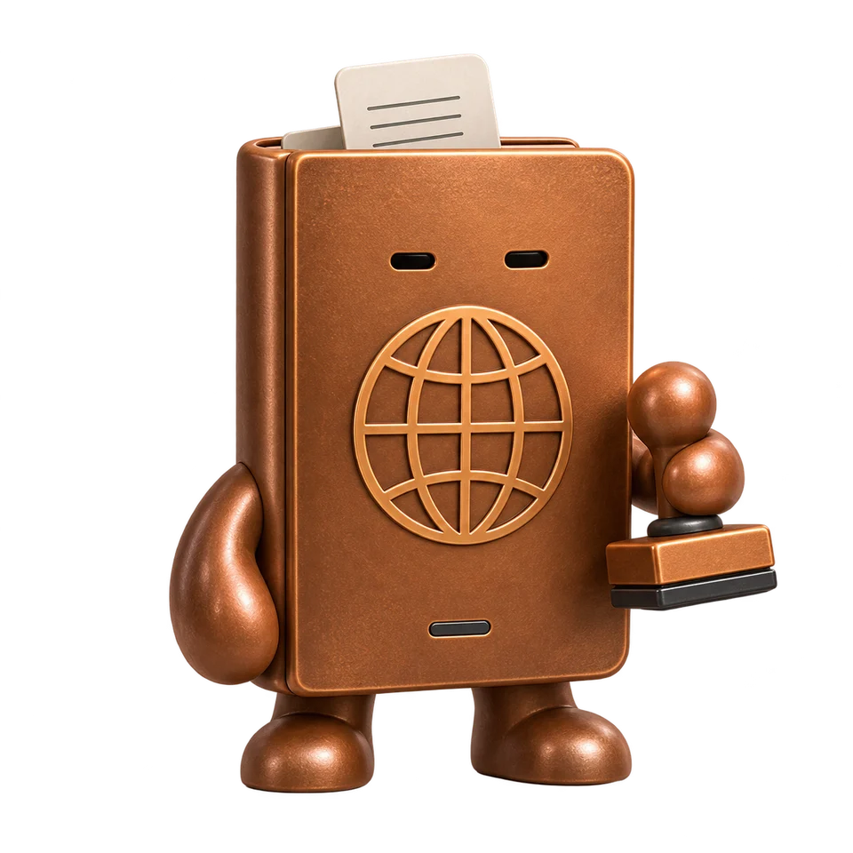 Tariff Agent: Copper customs-document character with an embossed globe and customs stamp