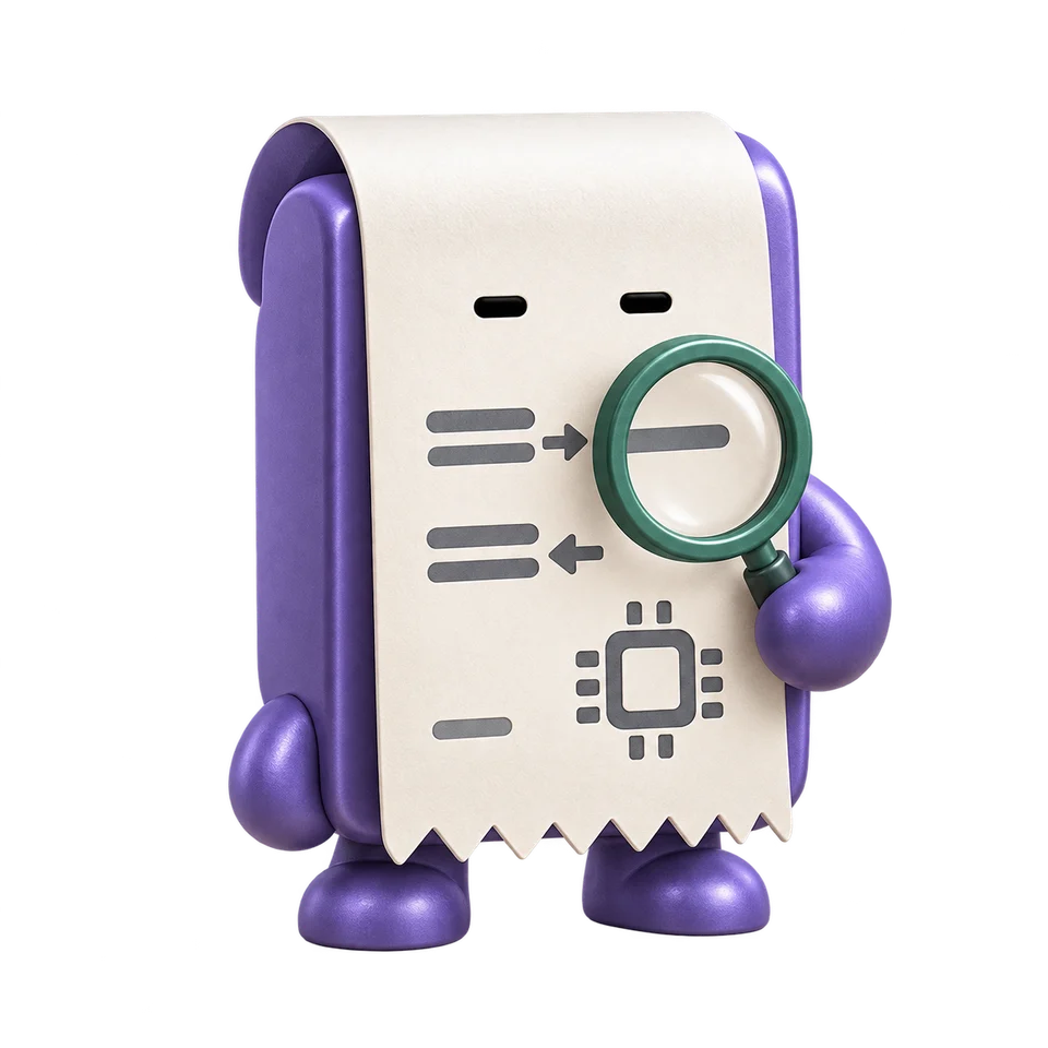 Token Agent: Iris receipt character with a chip motif, input and output usage lines, and magnifier