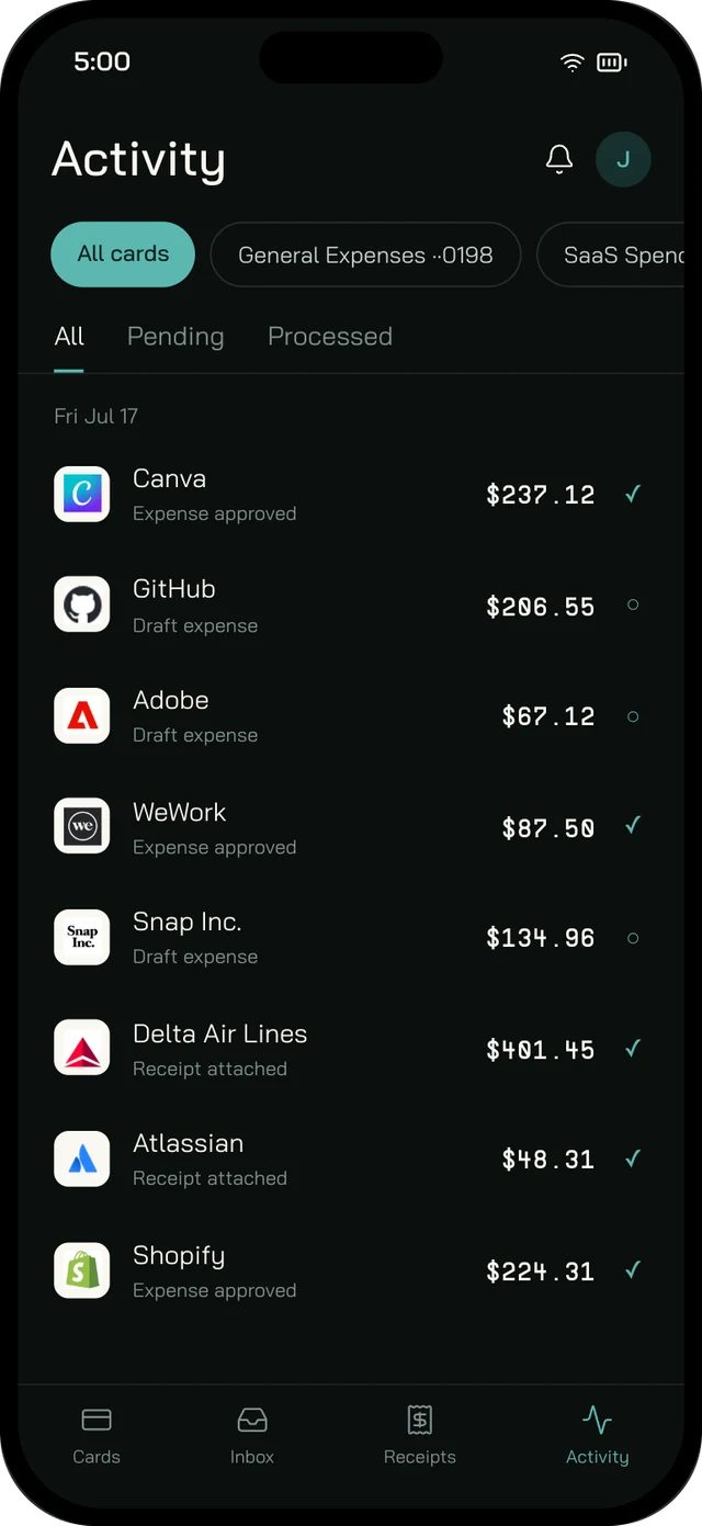 The Activity tab in the Dash.fi app, listing card charges with their expense status.