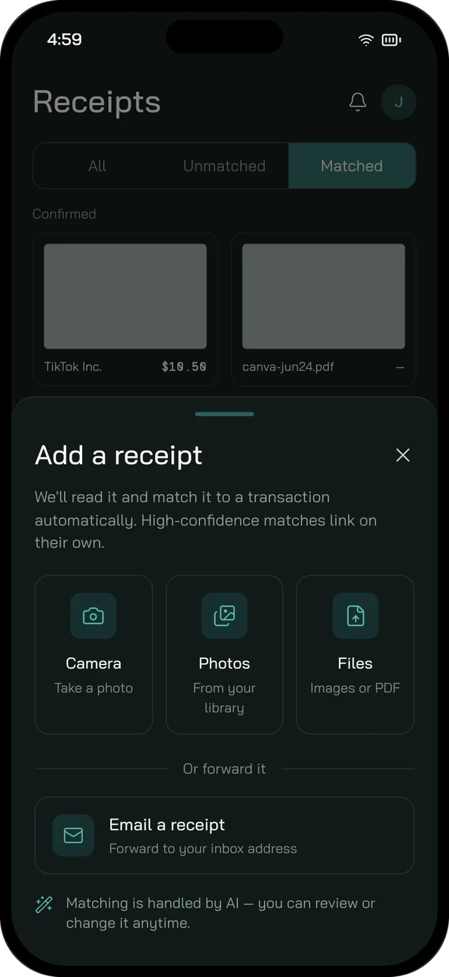 The Add a receipt sheet in the Dash.fi app, with camera, photo library, file, and email forwarding options.