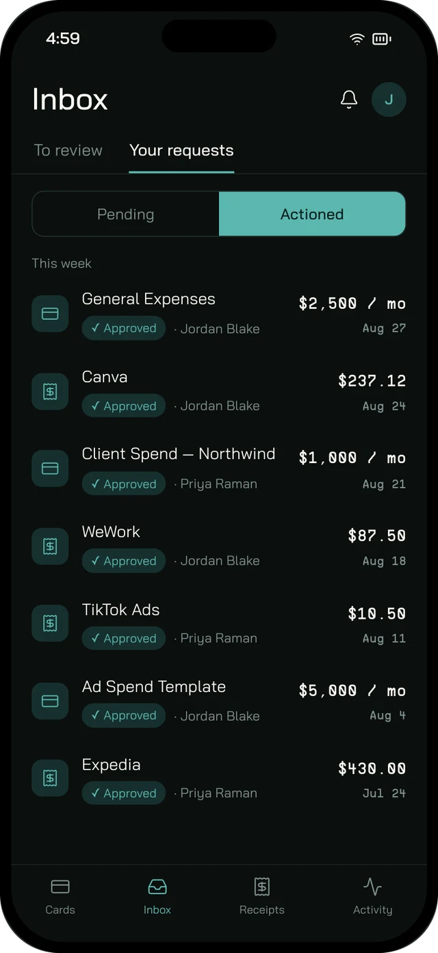 The Inbox tab in the Dash.fi app, listing approved card and expense requests with amounts and dates.