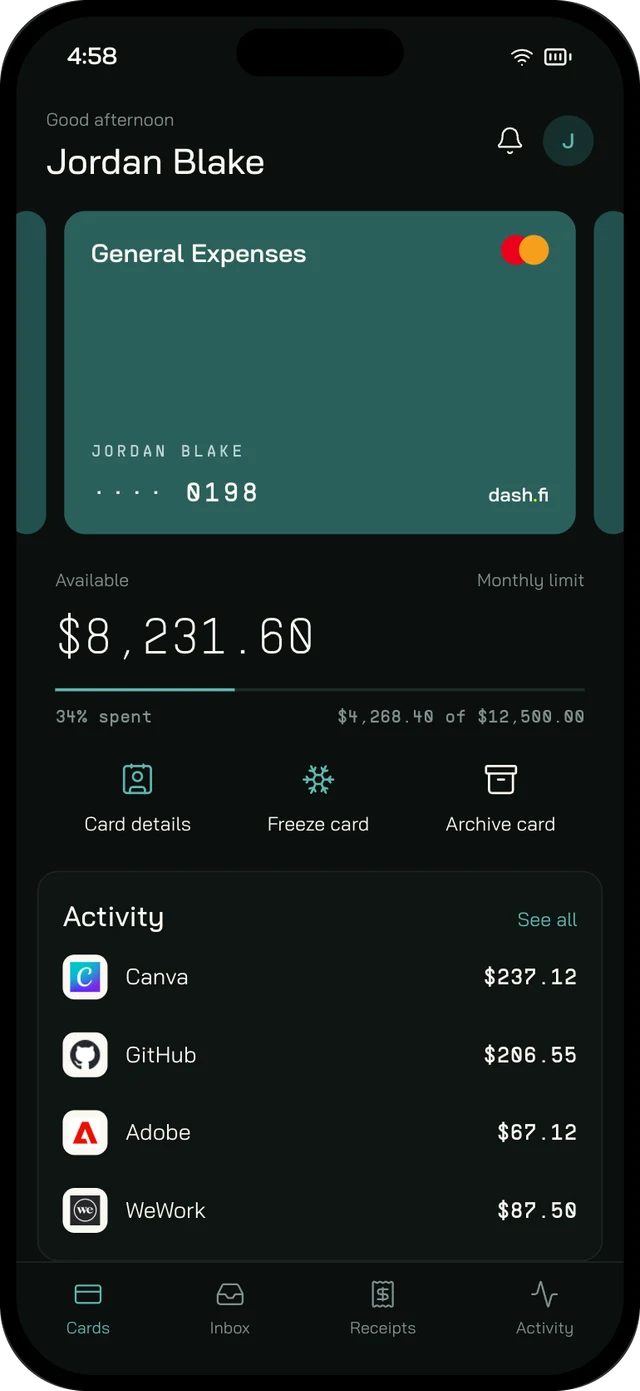 The Dash.fi app on iPhone, showing a card with its available balance, monthly limit, card actions, and recent activity.